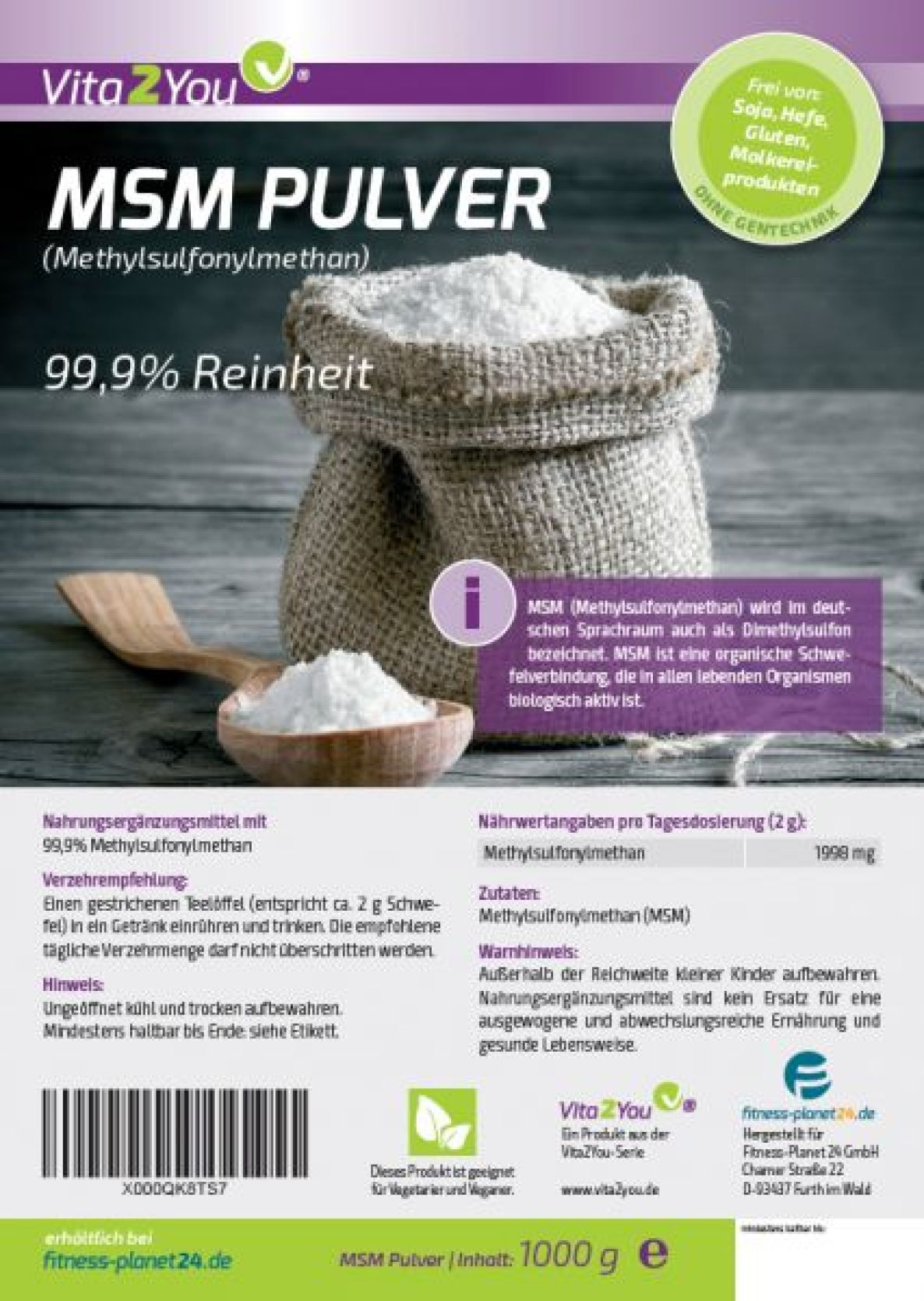 Vita2You MSM Pulver 1000g - Methylsulfonylmethan Schwefel - 99,9% Reinheit 